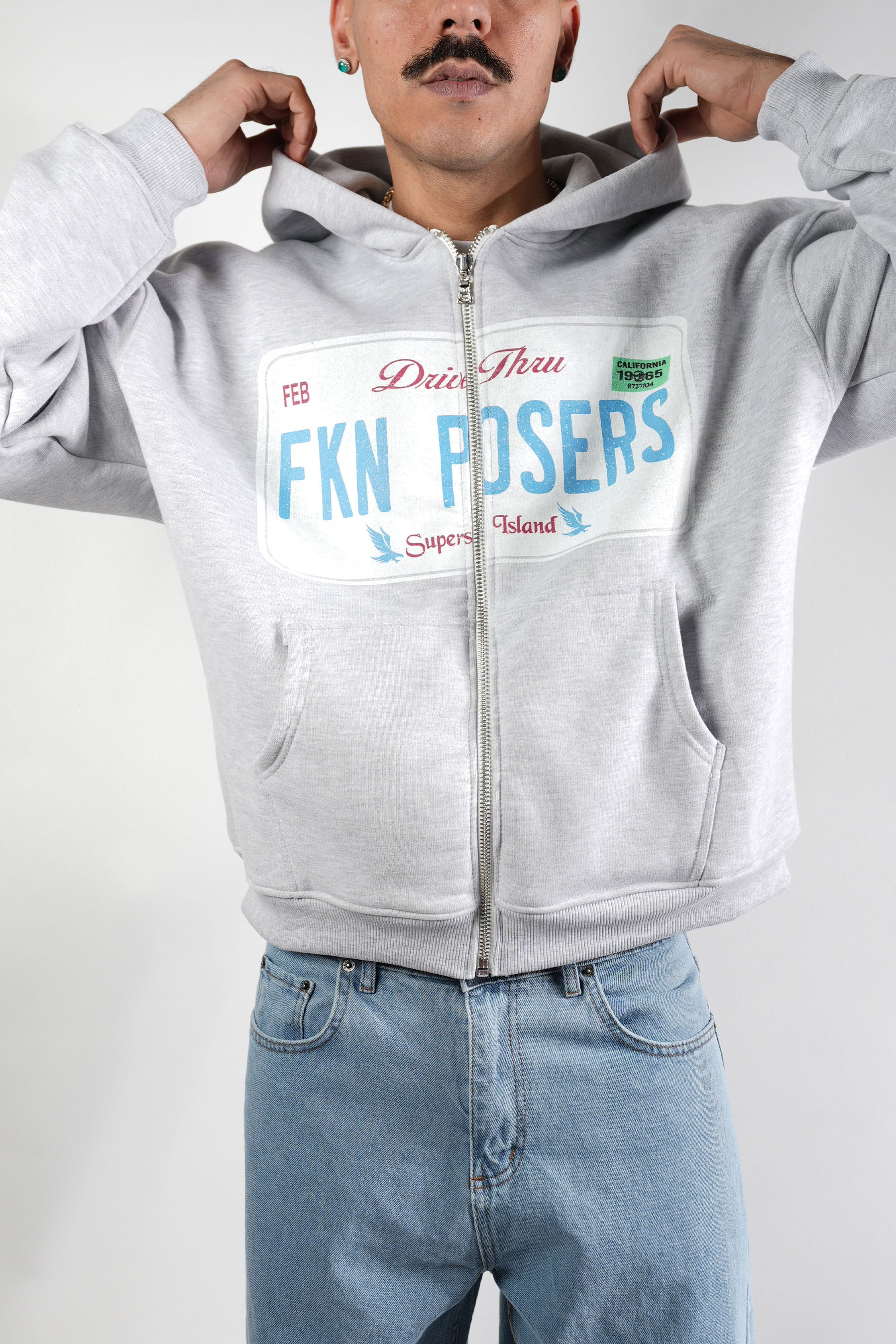 Baskılı Gri Kapüşonlu Ceket