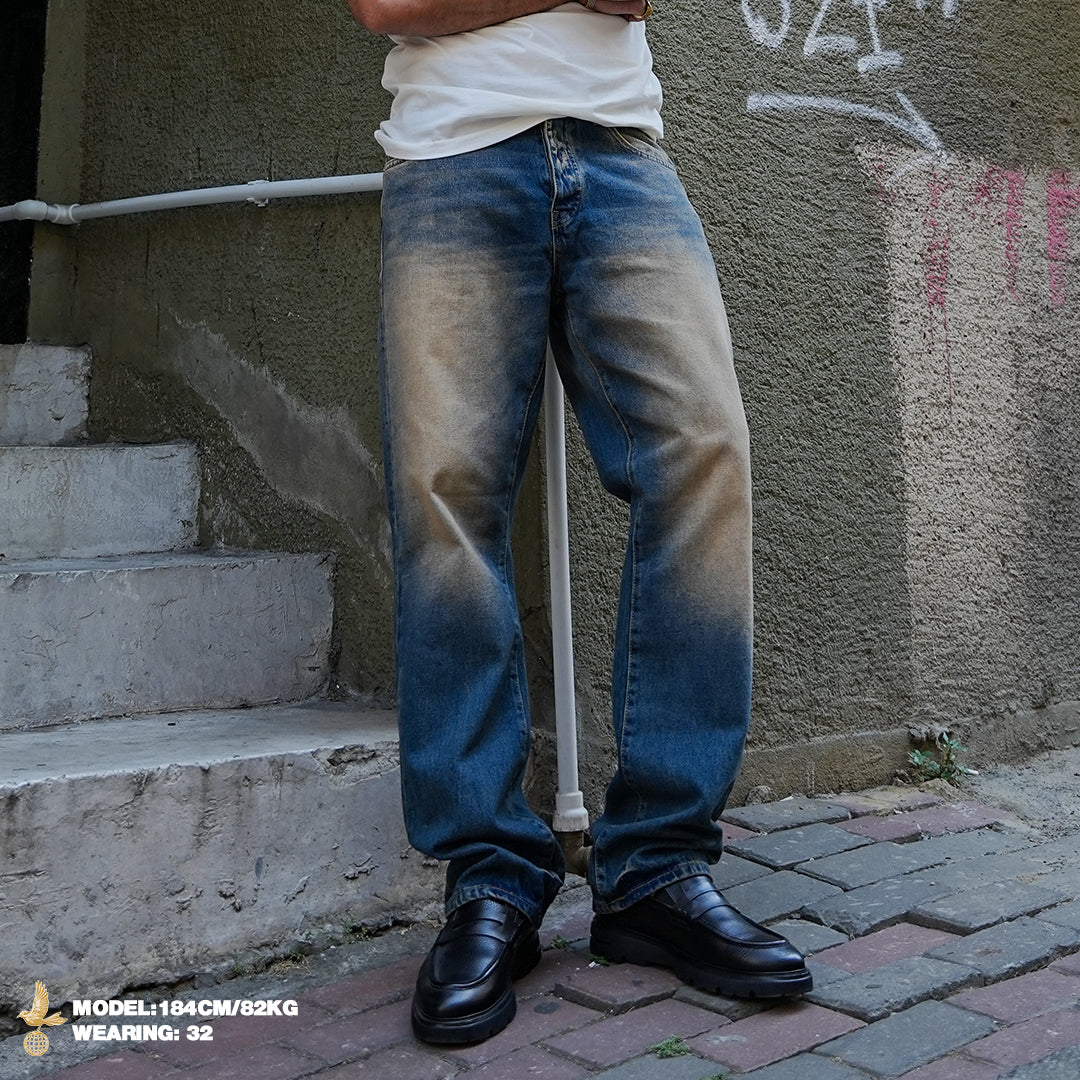 BURNT BLUE WASHED WIDE LEG JEAN