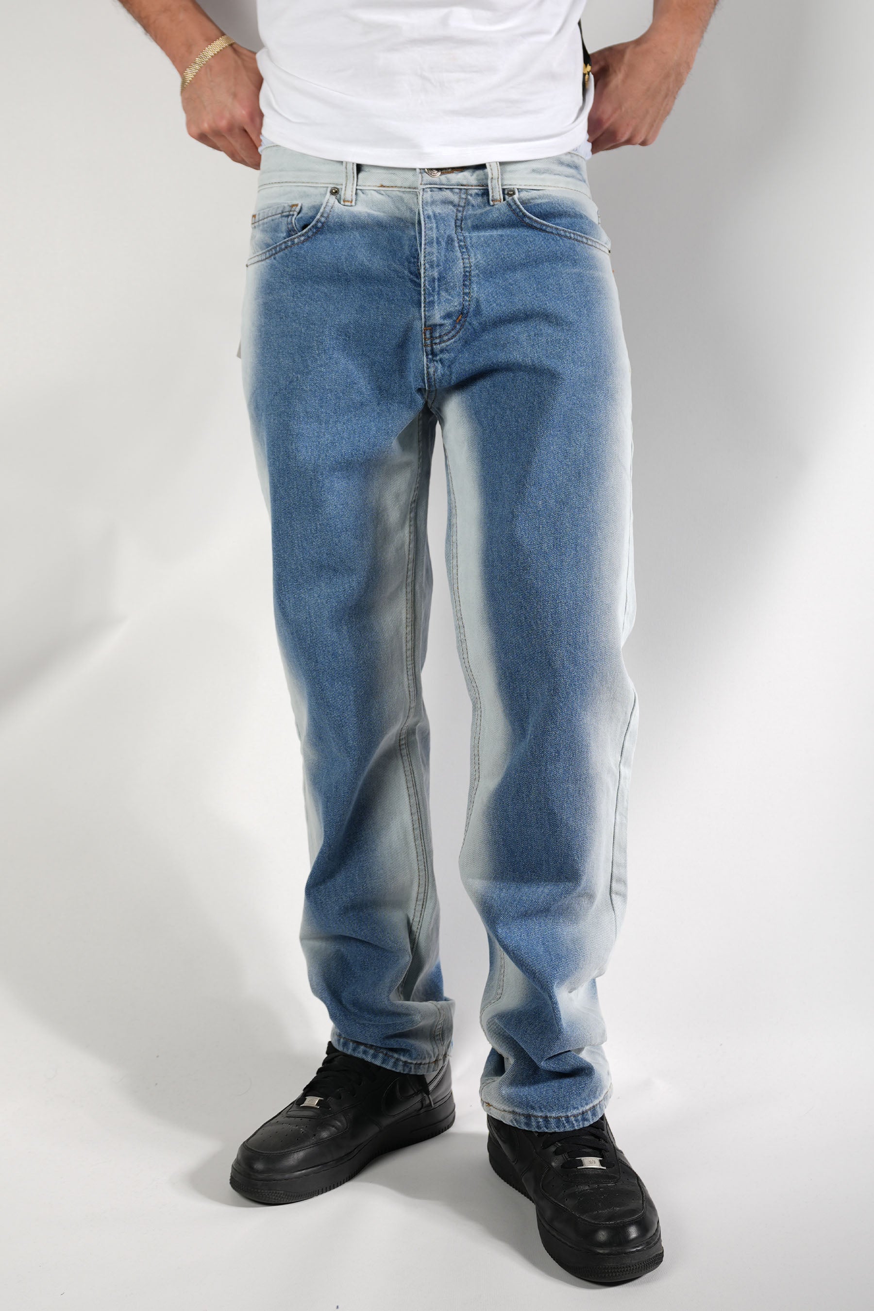 Mavi Beyaz Eskitmeli Kot Pantolon