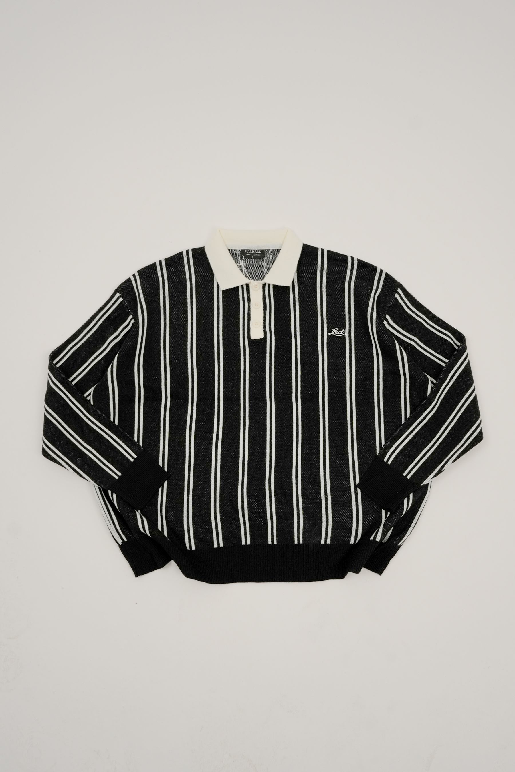 Çizgili Polo Yaka Triko Sweatshirt - Siyah