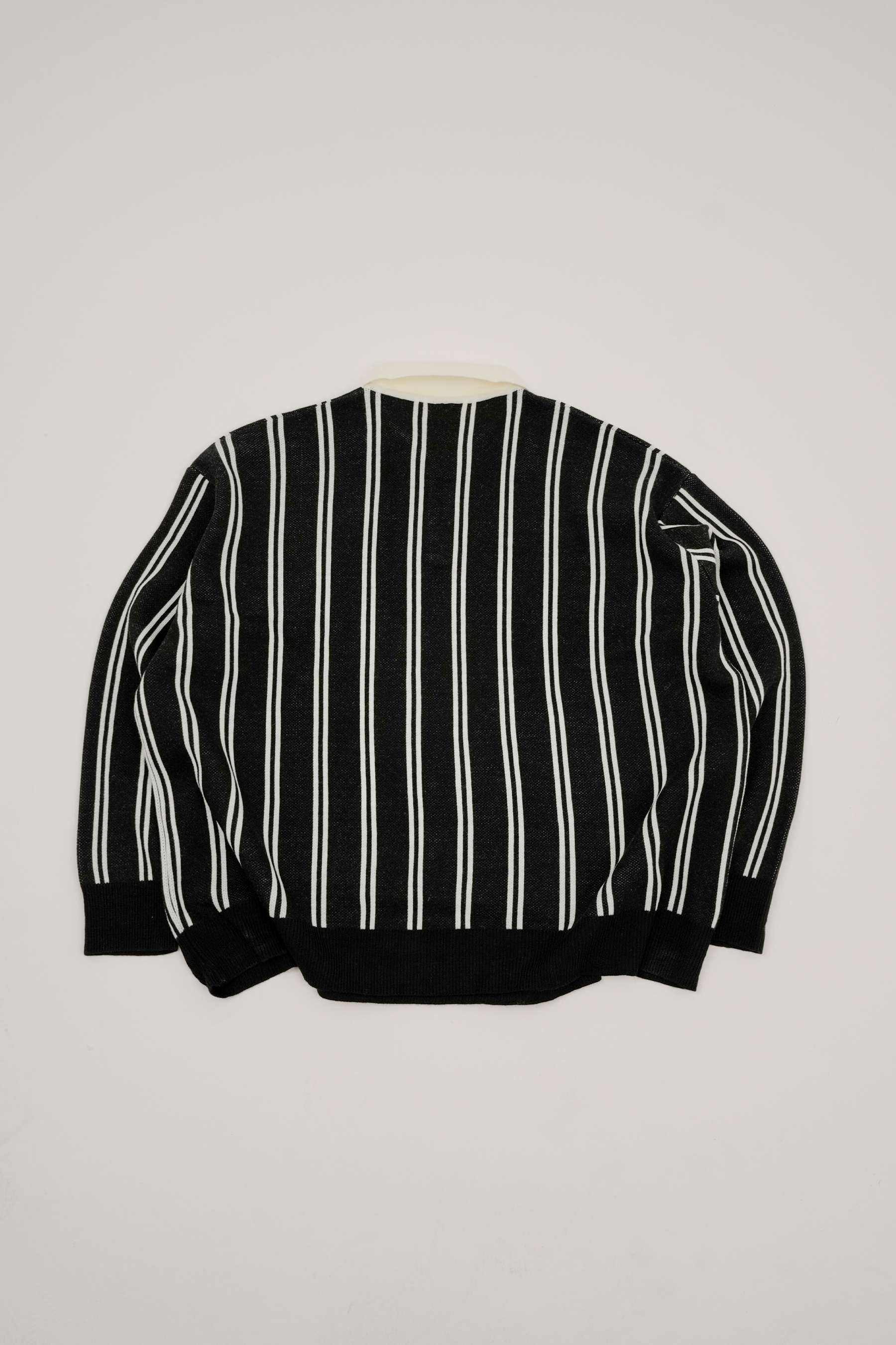 Çizgili Polo Yaka Triko Sweatshirt - Siyah