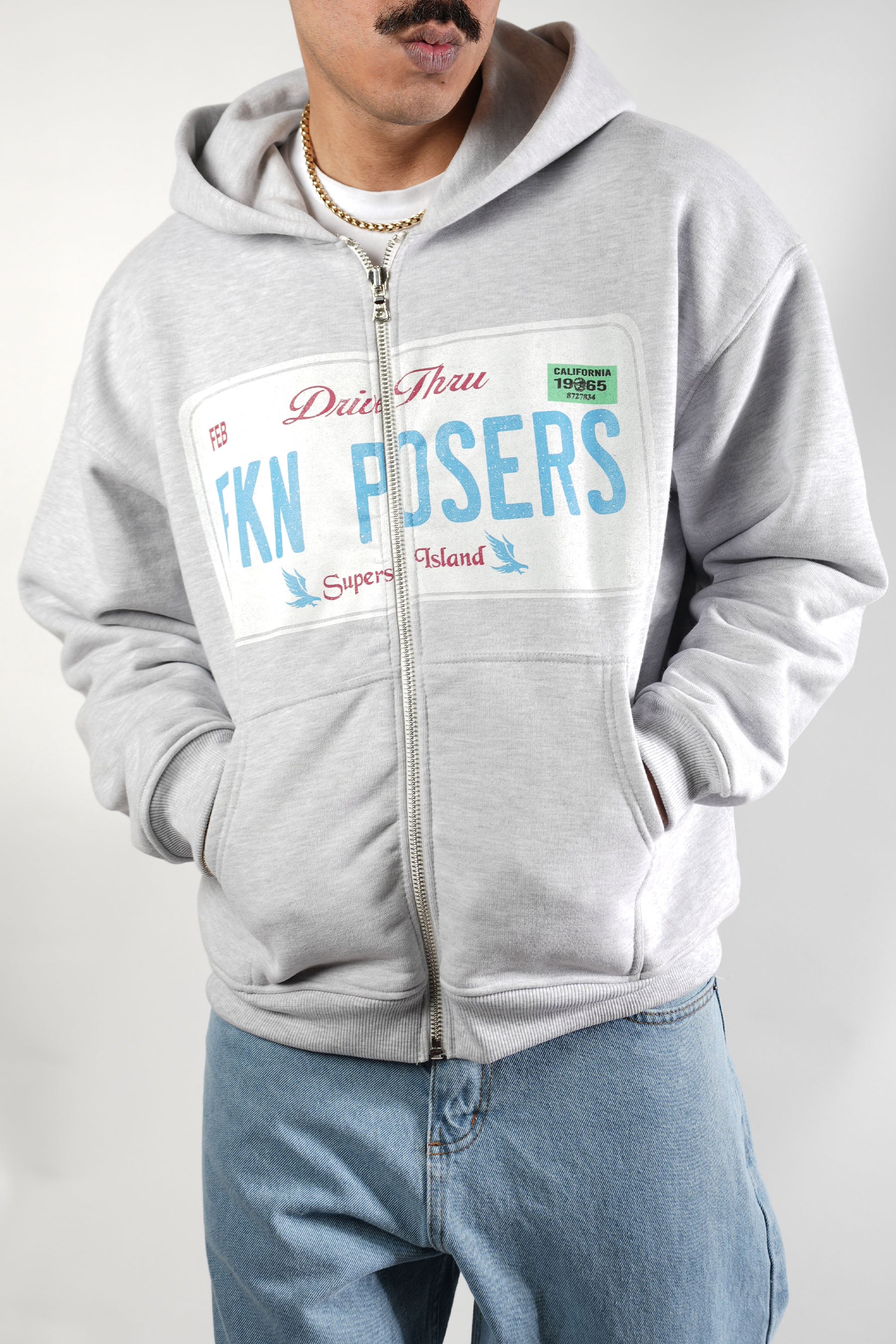 Baskılı Gri Kapüşonlu Ceket