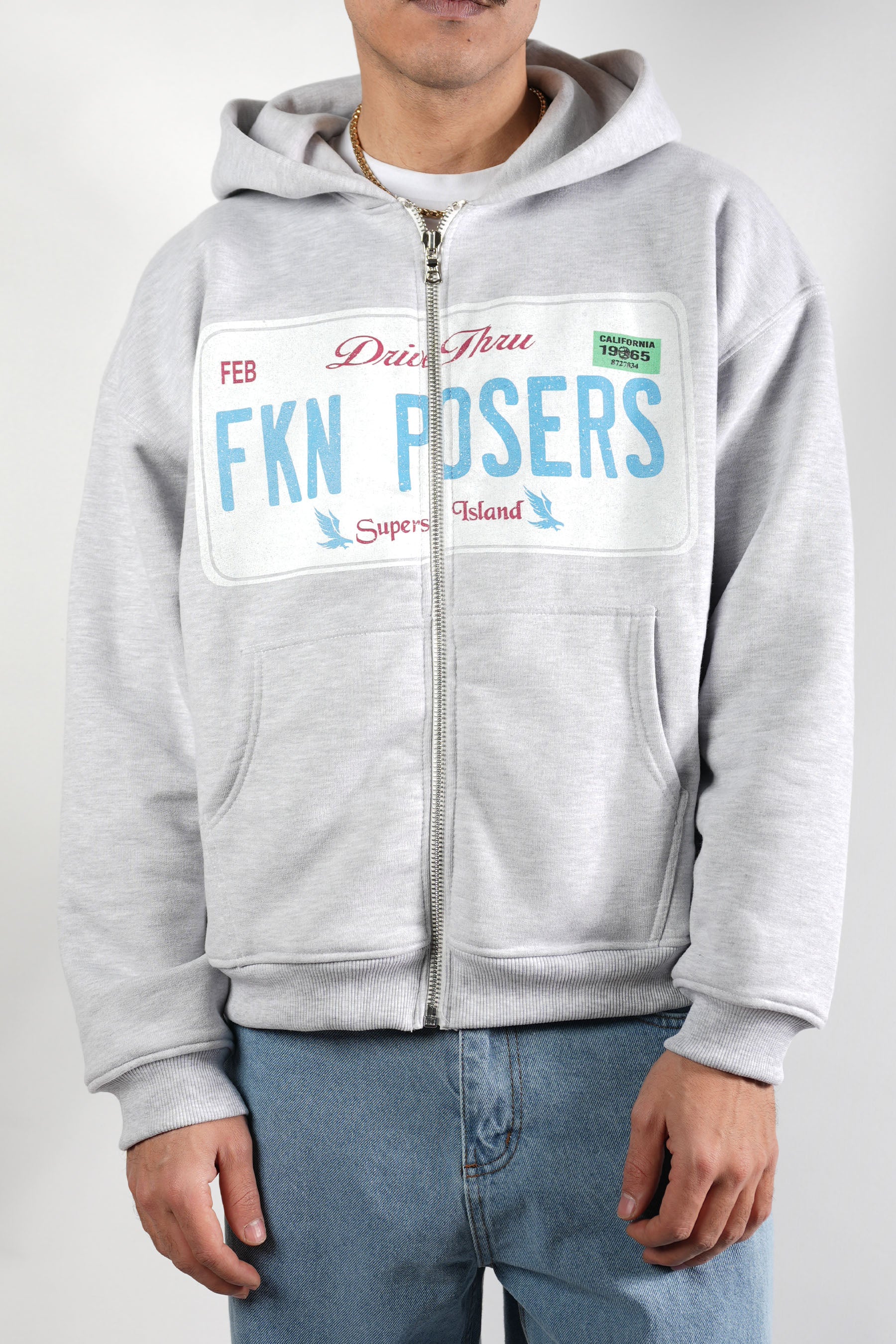 Baskılı Gri Kapüşonlu Ceket