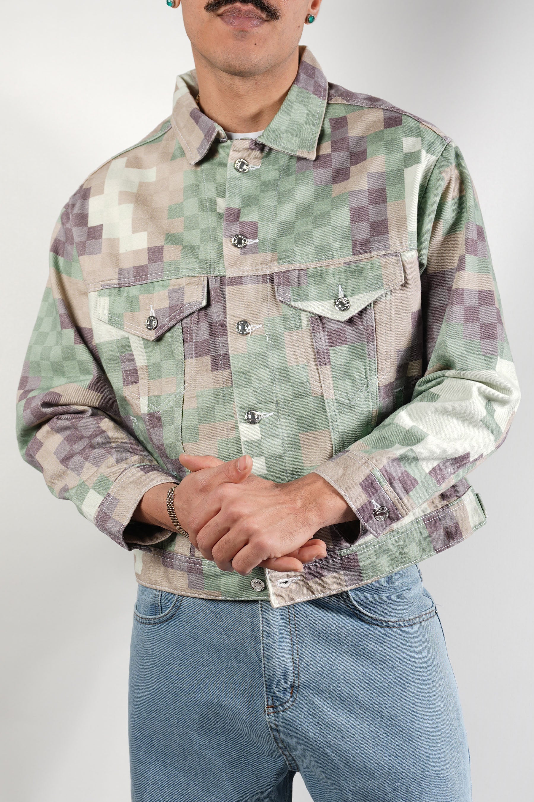 Düğmeli Piksel Desen Kot Ceket