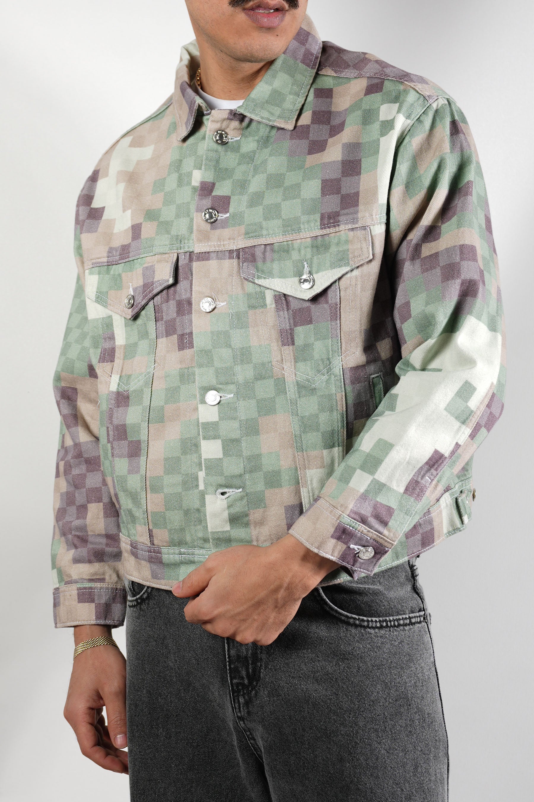 Düğmeli Piksel Desen Kot Ceket