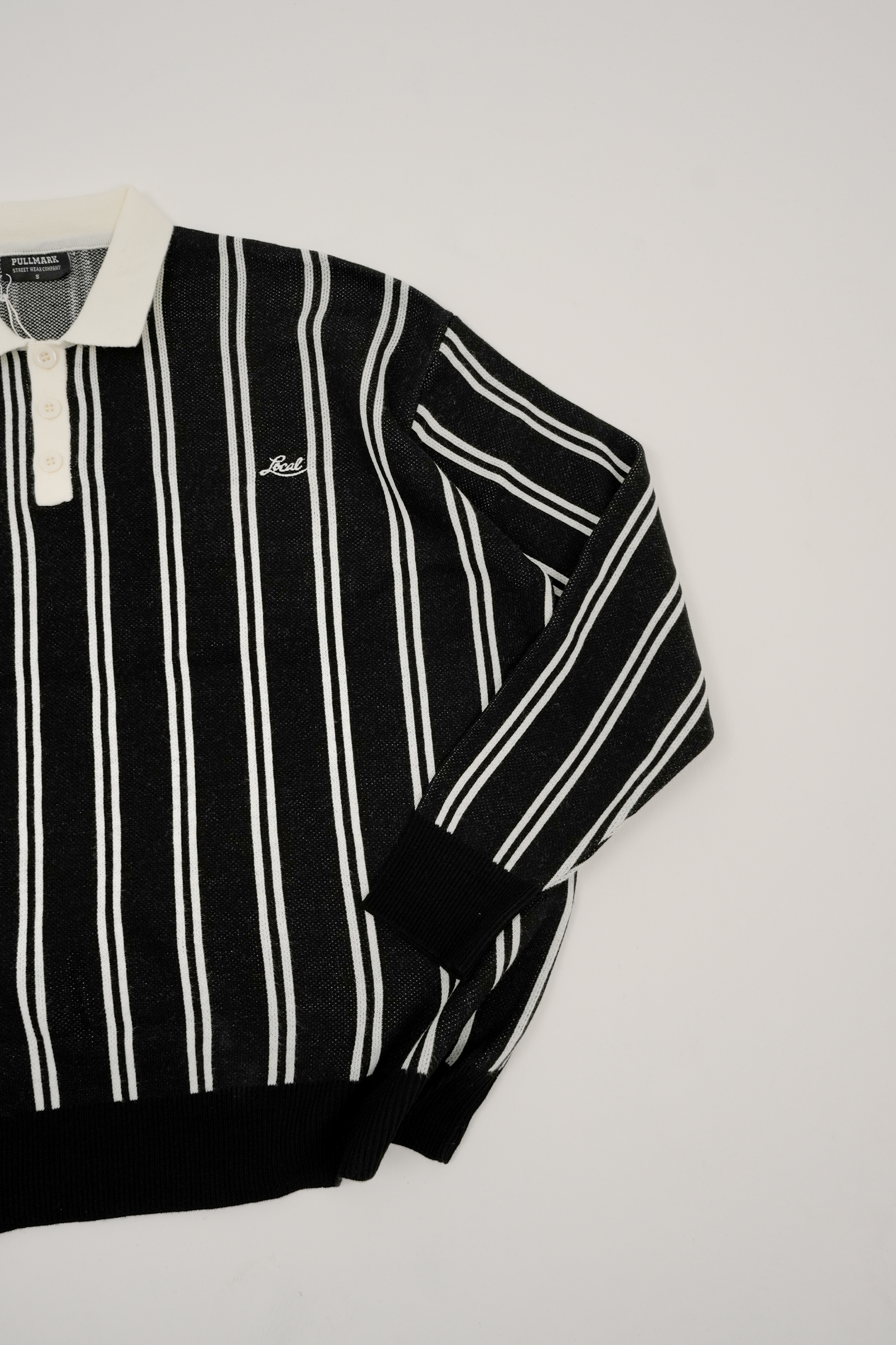 Çizgili Polo Yaka Triko Sweatshirt - Siyah