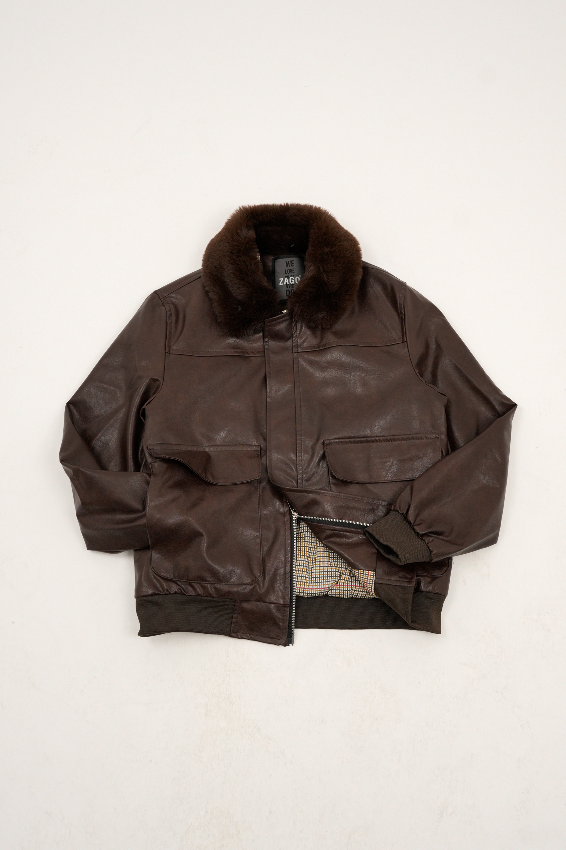 Kürk Detaylı Kahverengi Suni Deri Ceket