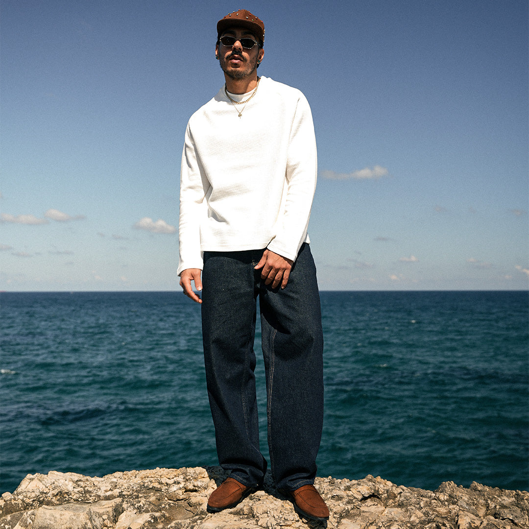 White Basic Waffle Sweatshirt - GWT-01