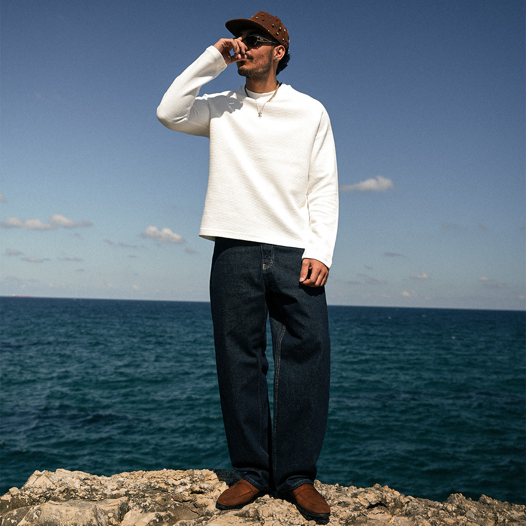 White Basic Waffle Sweatshirt - GWT-01