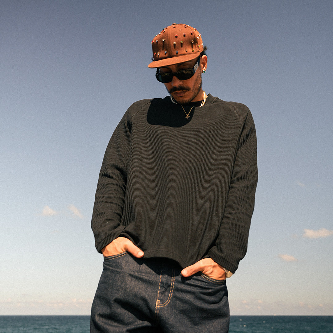 Black Basic Waffle Sweatshirt - GWT-02